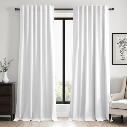 Topfinel 120 Inch Linen Blackout Curtains 2 Panels for Bedroom Living Room Darkening Thermal Insulated 100% Black Out Linen Drapes Large Window Curtains Cream White 52Wx120L Back Tab