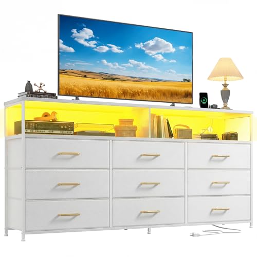 55" W White Dresser for Bedroom with 9 Drawers, LED TV Stand with Power Outlets for 45, 55, 65 Inch TV, Sturdy Long Chest of Drawers with Extra 2 Wooden Shelves, 55.1" W x 35.4" H x 11.8" D