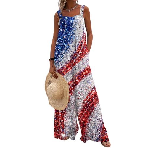 4th of July Romper for Women 250 Anniversary USA Flag Jumpsuits for Women Casual Loose Wide Leg Patriotic Overalls Sleeveless Romper with Pockets