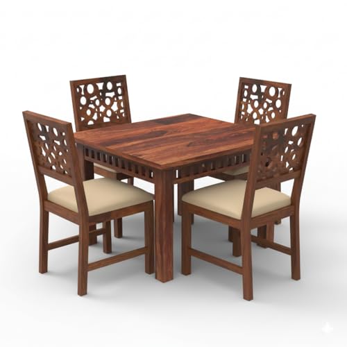 Image of WOODLAB Sheesham Wood 4 Seater Dining Table Set with Chairs | Wooden Dining Table for Home Dining Room | 4 Seater Dinner Table Set for Living Room and Home - Natural Finish