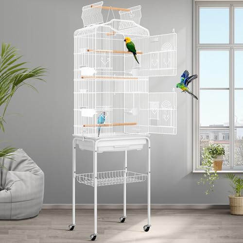 Image of VIVOHOME 64 Inch Bird Cage with Play Top and Rolling Stand for Parrots Conures Lovebird Cockatiel Parakeets White
