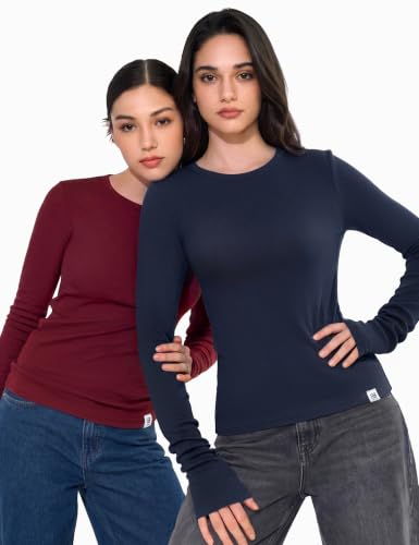 Image of Women's Merino Wool Blend Shirts Long Sleeve Tops Crew Neck Fitted Basic Tee Cozy Embrace Collection