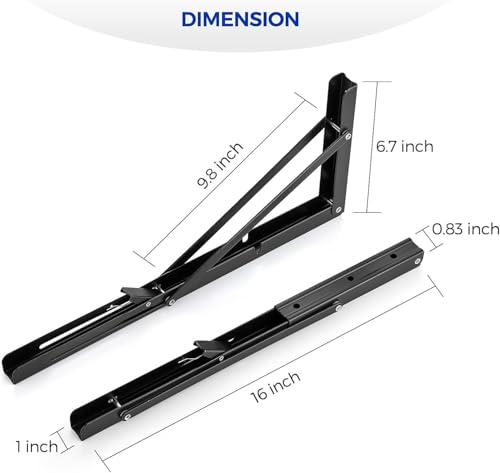 Image of Folding Shelf Brackets (16 Inch, 40 cm) Pack of 2 Heavy Duty Mild Metal Wall Mount Foldable Collapsible Shelf Support for Kitchen, Table, Workbench, Storage Shelves, Black
