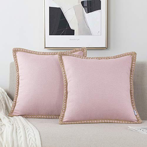 NordECO HOME Set of 2 Throw Pillow Covers - Burlap Linen Trimmed Tailored Edges Decorative Cushion Covers for Bed Home Decoration, 18 x 18, Pink