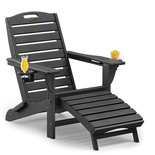 Folding Adirondack Chair with Retractable Ottoman Weather Resistant Fire Pit Chair Patio Chair with 2 Cup Holder Lawn Outdoor Lounge Chair (Black) - Thumbnail 4