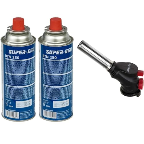 SuperEgo - Pack Profesional de Soplete de Cocina: Cabezal y 2 Cartuchos de Gas BTN250 de 227g con Llama Ajustable, Ideal para Flambeado de Postres