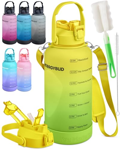 EnergyBud Botella de agua de 2,2 L, botella de agua grande para gimnasio para hombres y mujeres con 2 popotes, sin BPA, BPS, DEHP, material Tritan, apta para lavavajillas, correa ajustable, boca ancha