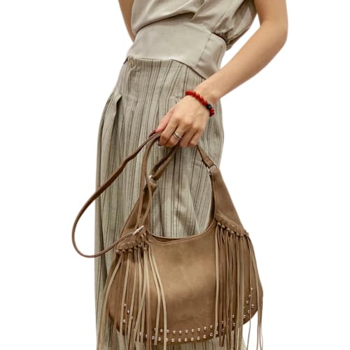 Image of Women Vintage Suede Fringe Hobo Bag Tote Shoulder Bag Crossbody Bag and Hippie Western Cowgirl Purse Shoulder Bag