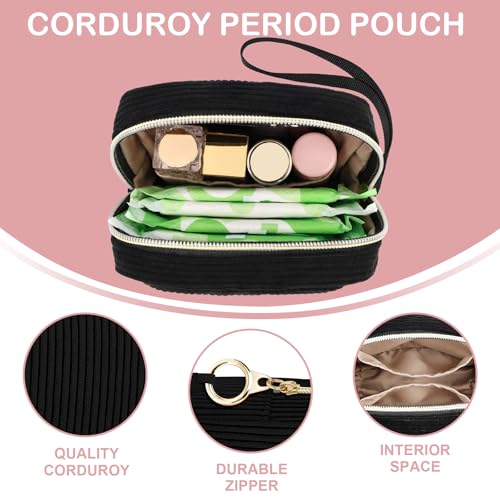 Image of Corduroy Period Pouch with Strawberry Charm Discreet Sanitary Napkin Storage Bag Cute Menstrual Pad Pouch Tampon Bag for Purse Wristlet Makeup Bags Black