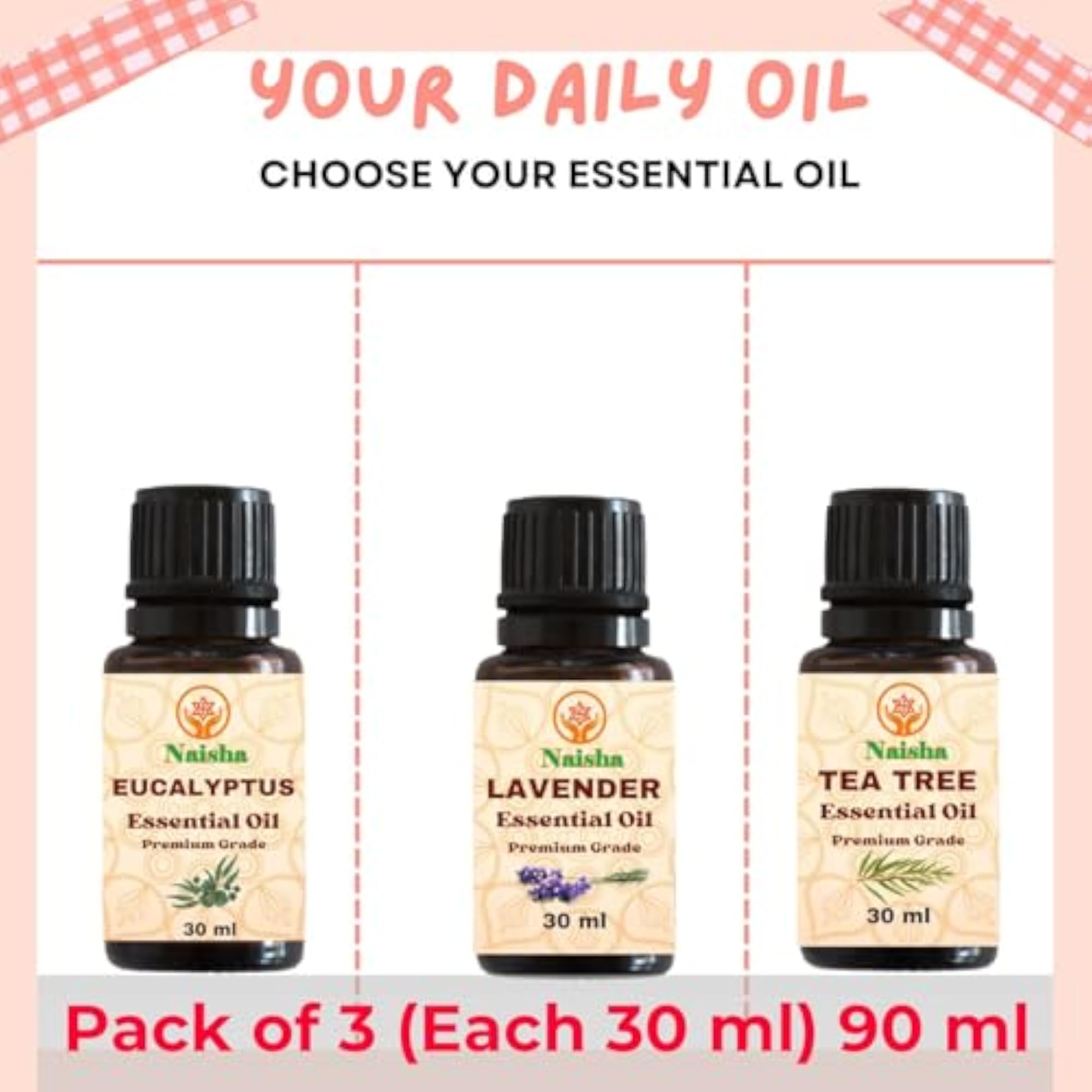 Naisha Essential Pack of 3 Eucalyptus, Lavender, Tea Tree Oils