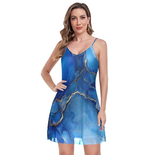 decor gift Vestido de verano ligero, sin mangas, ajustable, espaguetis, espalda descubierta, cuello en V, malla, mármol, plata, azul rey, Mármol plateado y azul real, Large