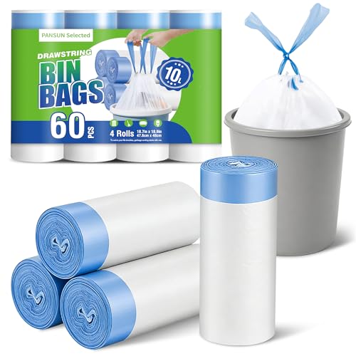 PANSUN Selected Bin Bags 10L, 60 Counts Small Bin Liners, Drawstring Bin Bags, 47x48cm, Pedal Garbage Bags for Bathroom, Toilet, Kitchen