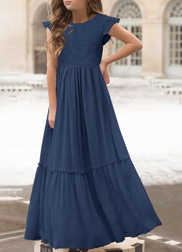 Image of MITILLY Girls Lace Flower Wedding Guest Long Maxi Dress for 6-12 Years | Girls Boho Dress, Girls' Special Occasion Dresses, Wedding Party, Size 6-12 Years, Ruffle Sleeve, A Line, With Pockets
