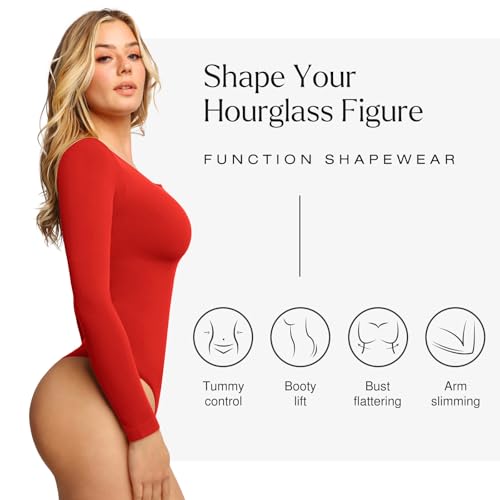 Image of Popilush Long Sleeve Shapewear Bodysuit Tummy Control Henley Button Up Modal Scoop Neck Body Suit Tank Tops
