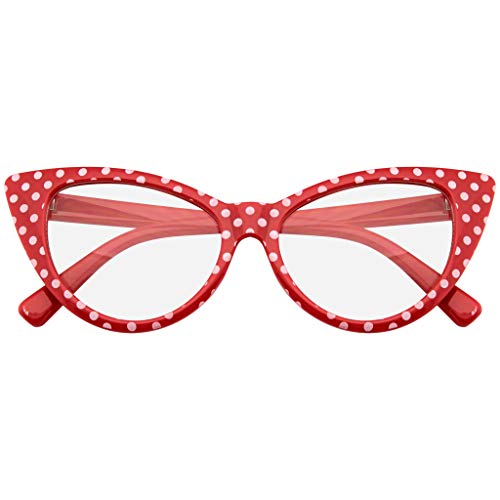 Emblem Eyewear - Super Cat Eye Glasses Vintage Fashion Mod Clear Lens Eyewear (Red Polka Dot, 0.00)