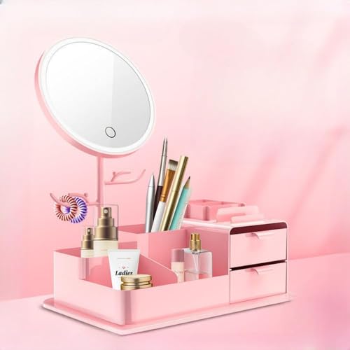 ミニドレッサー メイクボックス 鏡付き LEDライトミラー 卓上鏡台 化粧品収納ボックス 化粧箱 引き出し 無段階調光メイクボックス 鏡付き バニティーケース (ピンク)