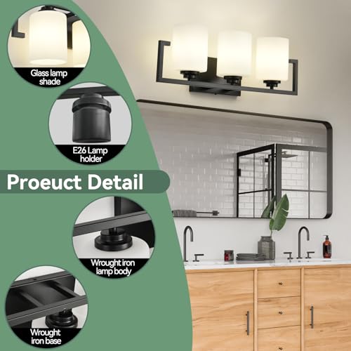 Image of 3-Light Bathroom Light Fixtures, Black Bathroom Lighting Fixtures Over Mirror with Milky White Glass Shades, Modern Vanity Lights for Mirror Hallway Bedroom Living Room