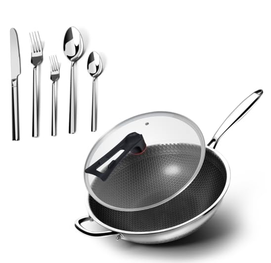 Wok de acero inoxidable sin recubrimiento con tapa 12.6" miniatura 1