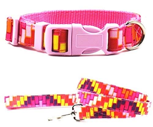 Laisse et collier nylon rose abstrait pour chien réglable de 25 à 36cm