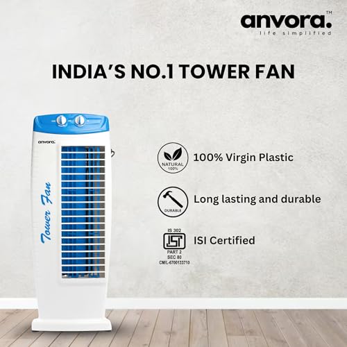 Image of Breeze Max Tower Fan | High air throw of 2250 m3 /hr | TOP safety and 3 Speed - 2 Way Air Swing | 1 year warranty | Blue White