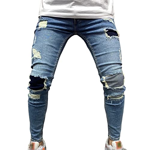 Maiyifu-GJ Mens Ripped Slim Tapered Leg Jeans Knee Holes Hip Hop Denim Pencil Pant Skinny Distressed Destroyed Stretch Jean (Light Blue 2,Small)