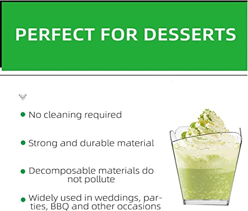 Plazotta 100 Pack 3.5 Oz Clear Plastic Dessert Cups With 100 Tasting Spoons, Square Parfait Appetizer Cups For Party, Weddings #TOP3