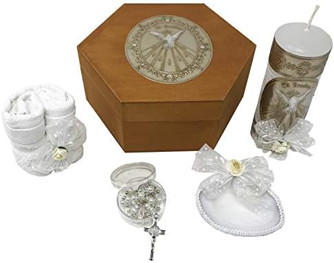 Catholic Baptism Kit in a Wooden Box with Towel, Candle, Rosary and Shell for Baby Boys and Girls. Handmade in Mexico Gift for Godparents. Holy Spirit Baptism Candle Set. Kit de Bautizo.