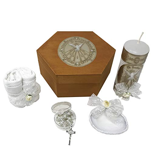 Mexican Baptism Candle Set in Wooden Box with Towel, Rosary & Shell