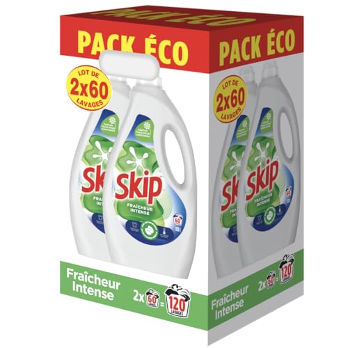 Skip - Lessive Liquide Fraicheur Intense - Action Détachante Efficace - 100% impeccable, éclatant et délicatement parfumé - 2x60 Lavages