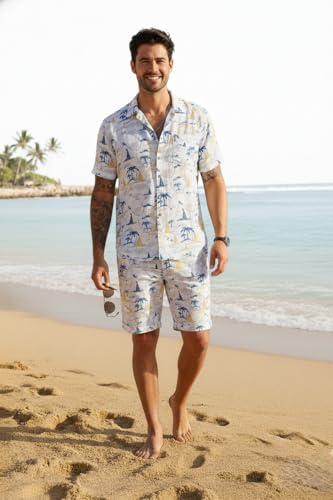 Image of Zilcon Men's Matching Set Summer Beach 2 Piece Outfits Floral and Palms Button Down Shirts and Shorts Goa Vacation Outfits