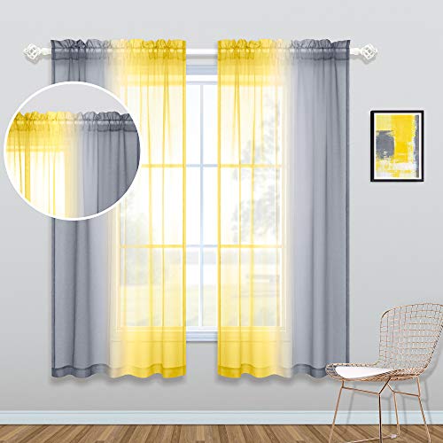 KOUFALL Lot de 2 Rideaux Transparents Jaunes de 160 cm de Long pour Chambre à Coucher, Rideaux Jaunes et Gris ombrés avec Passe-Tringle pour Chambre de...