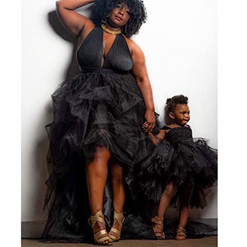 Lisong Women High Waist High Low Layered Tulle Floor Length Spectial Occasion Skirt M Black #TOP2