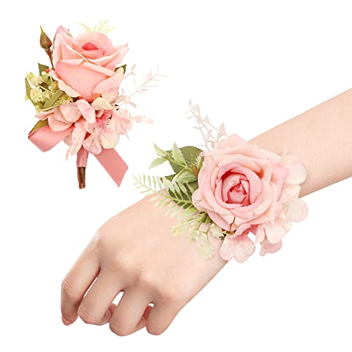 Ndeno Ivory Rose Wrist Corsage and Boutonniere Set Artificial Men Corsage Wristlet Band Bracelet for White Wedding Flowers Ceremony Accessories Prom Suit Decorations (2 Pink)