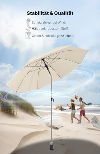 4smile Sonnenschirm Strand SunnyJoy, Beige - UPF 50+ Strandschirm Ø 180 cm, sicherer Sonnenschutz Strand, Strandschirm windfest stabil - Sonnenschirm mit Schutzhülle 4