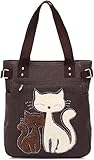 ShopINess Bolso Tote de Lona con Gatos Bordados Múltiples bolsillos Cremallera Práctico Bolso de Hombro Mujer (Marrón Oscuro)