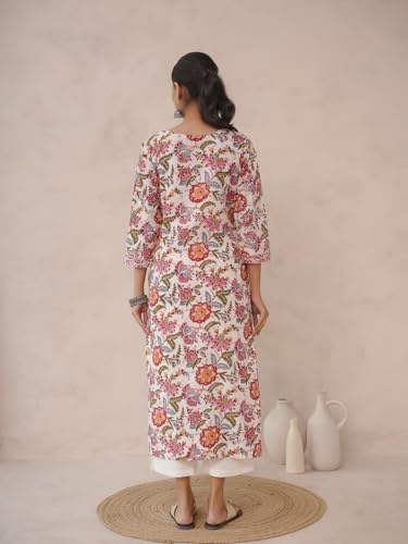 Image of GOODHAND Pure Cotton Floral Printed Long Kurta for Women | Straight Fit Ethnic Kurta | Round Neck 3 /4 Sleeve Kurta