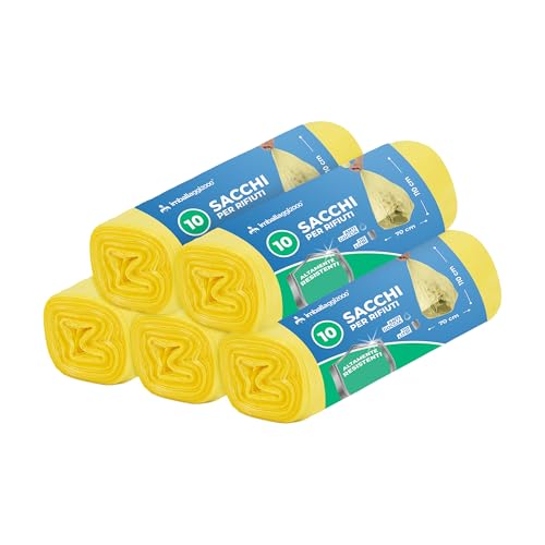 IMBALLAGGI 2000 - Sacchetti Spazzatura 70x110 (110L) in Plastica Riciclata Gialli, 5 Rotoli x 10 Sacchi Spazzatura Raccolta Differenziata Interno, Tot 50 Sacchetti Tutti Rifiuti Resistenti Rinforzati