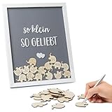 KNECKES Wünsche Bilderrahmen aus Holz – Kreatives Gästebuch für Babyparty, Taufe & Geburtstag – Baby Shower Deko & Geschenkidee für Jungen & Mädchen mit 20 Holz-Elefanten zum Beschriften