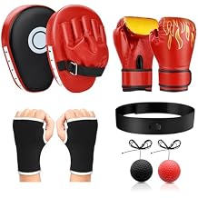 4-in-1 Boxing Gloves and Punching Mitts Set for Boys & Girls, Kids Boxing Gloves Focus Pads with Hand Wraps, Boxing Reflex Ball, Boxing Equipment Set for MMA Karate Muay Thai Taekwondo