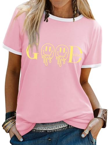Dresswel Camiseta para mujer Good Vibes Smile Print Camisetas Cuello Redondo Manga Corta Tops Verano Tops Camisetas, 1-rosa claro, L