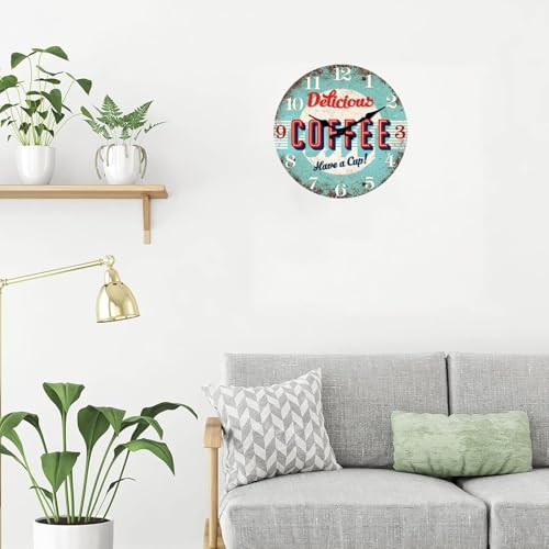 Image of XFM Big Retro Coffee Wall Clock for Kitchen Cafes Bar 16 Inch | Silent Non-Ticking Battery Operated Vintage Blue Wooden Rustic Round Decorative for Living Room Farmhouse Office