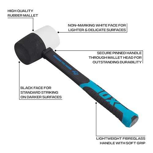 Image of OX Combination Rubber Mallet Nonmarking Rubber Mallet Hammer with Fibreglass Handle Multicolour 24 oz | Bounce-resistant, non-marking rubber mallet with ergonomic fiberglass handle for tile setting and general use.