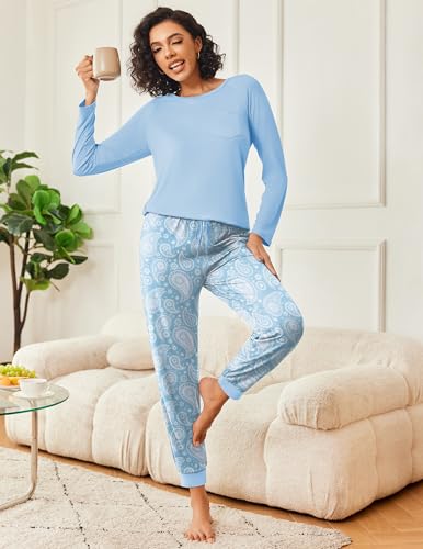 Image of Ekouaer 2 Pack Womens Pajama Sets Long Sleeve Pjs Soft Comfy Lounge Set