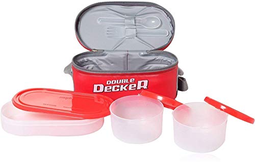 Image of MILTON Double Decker Plastic Lunch Box with Insulated Jacket, 3 Containers (450 ml, 280 ml, 280 ml), Microwavable & Leak-Proof Tiffin for Office, School, College, Red