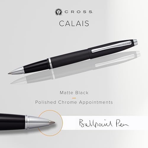 Image of Cross Calais Matte Black Refillable Rollerball Pen - Medium Point, Black Ink, Smooth Writing, Presented in a Luxury Gift Box