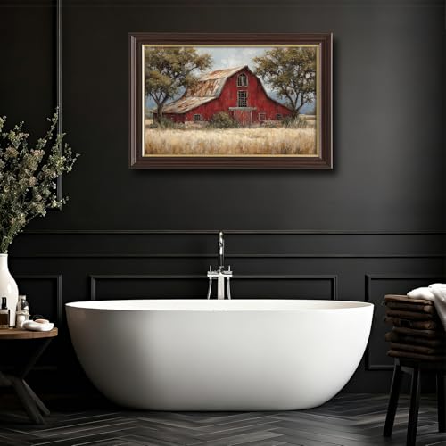 Image of Antique Framed Red Barn Canvas Wall Art, Weathered Farmhouse Oil Painting Canvas Prints, Vintage Farm Wall Decor Pictures for Living Room Bedroom Bathroom