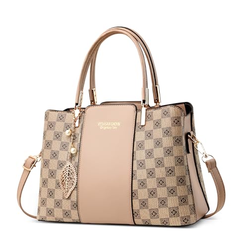 DORRISO Stilvoll Einfach Damen Handtaschen Henkeltaschen Anti-Dieb Reisen Umhängetasche Mittel Groß mit Anhänger Urlaub Einkaufen Party Büro Wasserdicht PU Leder Beige A