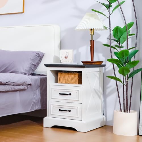 Image of ALBAD Farmhouse Nightstands with Charging Station,White & Black Tabletop | End Tables with 2 Drawers, Cube Storage Organizer, USB Ports, Metal Handles, for Rustic Bedroom Bedside, Living Room, Dorm
