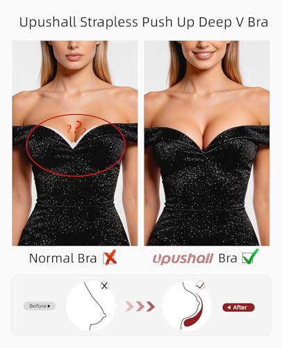 Image of Upushall Strapless Bra Push Up Non Slip Deep V Plunge Bras for Women | Underwire, Super Padded, Add 1 Cup