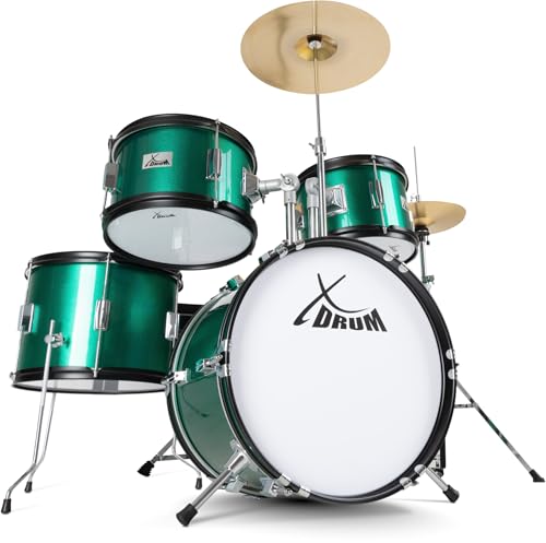 XDrum Junior Pro Kinder Schlagzeug Emerald Green Sparkle - geeignet von 5-9 Jahren - Drumset mit komplettem Zubehör - inkl. Schule - Grün